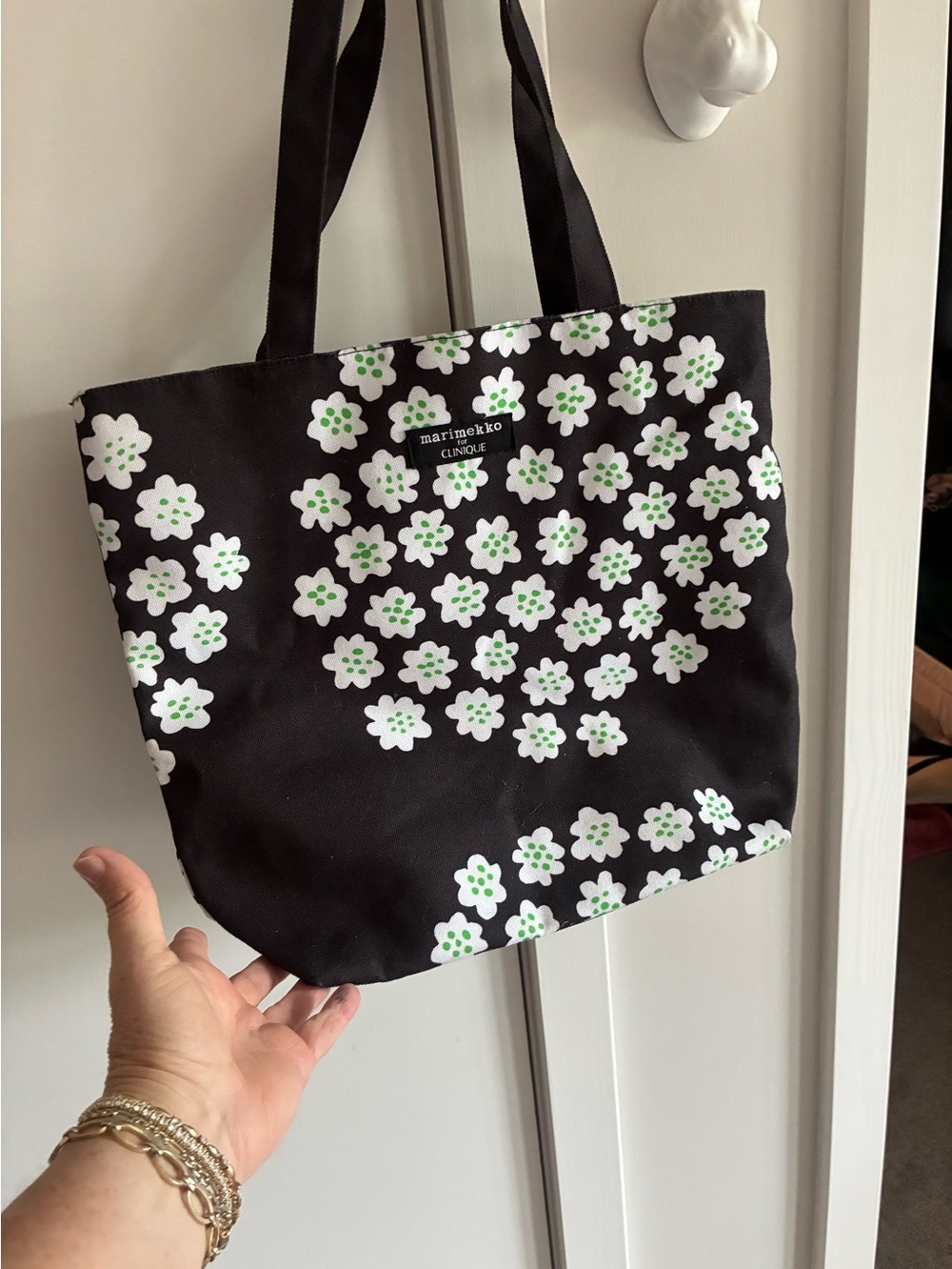 Marimekko for Clinique Black Tote with White and Green Floral Pattern
